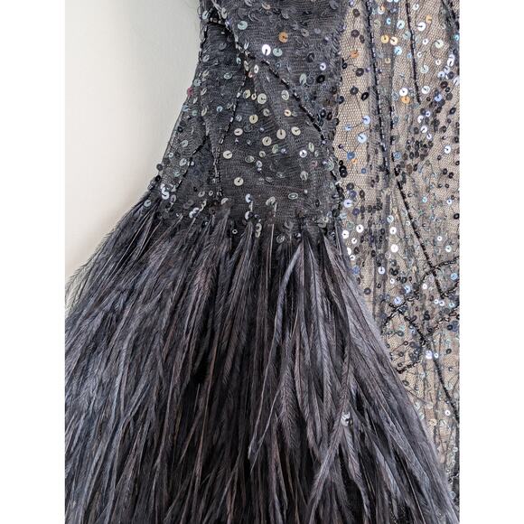 Teri Jon Rickie Freeman Sequin Overlay Formal Dress w/ Feathers Black 4 - Picture 5 of 14